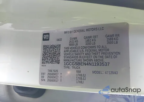 2022 Chevrolet Colorado 2Wd Short Box Wt z USA, uszkodzony, nr VIN 1GCGSBEN4N1193537